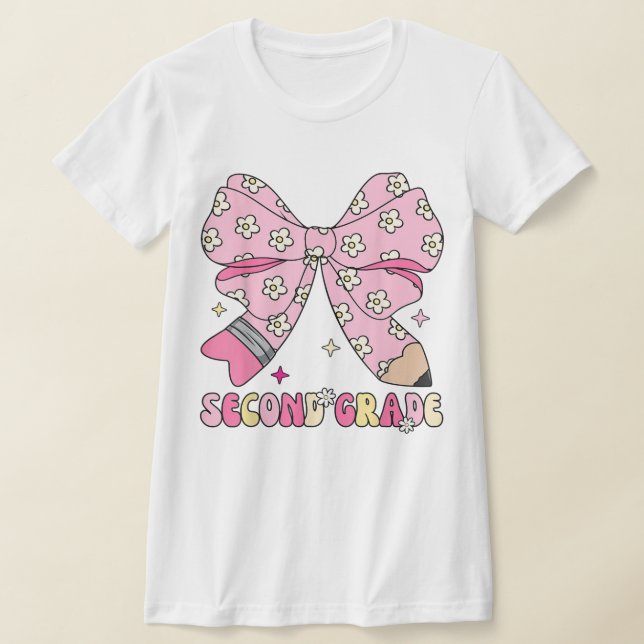 2nd Grade Teacher Pencil Coquette Bow T Shirt (Laydown)
