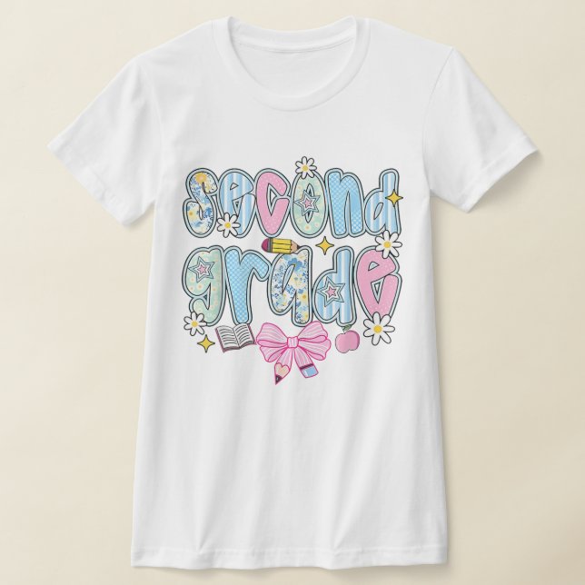 2nd Grade Teacher Pencil Coquette Bow T Shirt (Laydown)