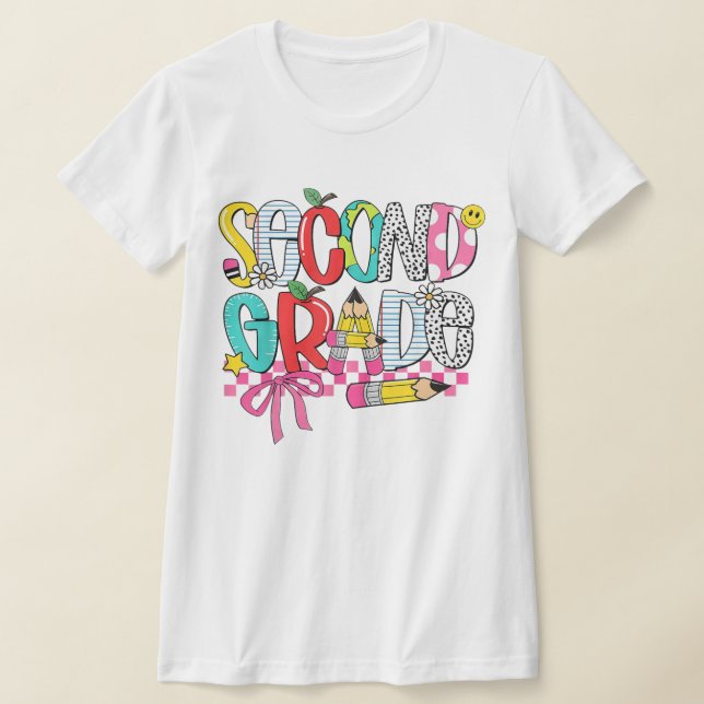 2nd Grade Teacher Pencil Coquette Bow T Shirt (Laydown)