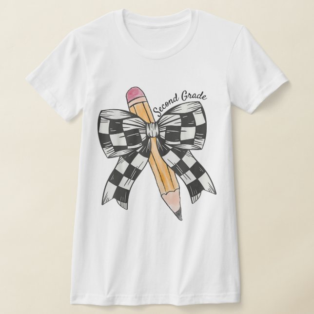 2nd Grade Teacher Pencil Coquette Bow T Shirt (Laydown)