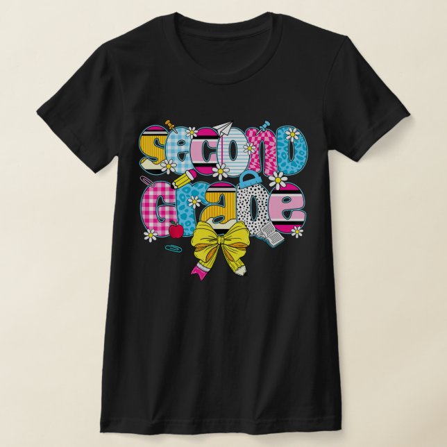 2nd Grade Teacher Pencil Coquette Bow T Shirt (Laydown)