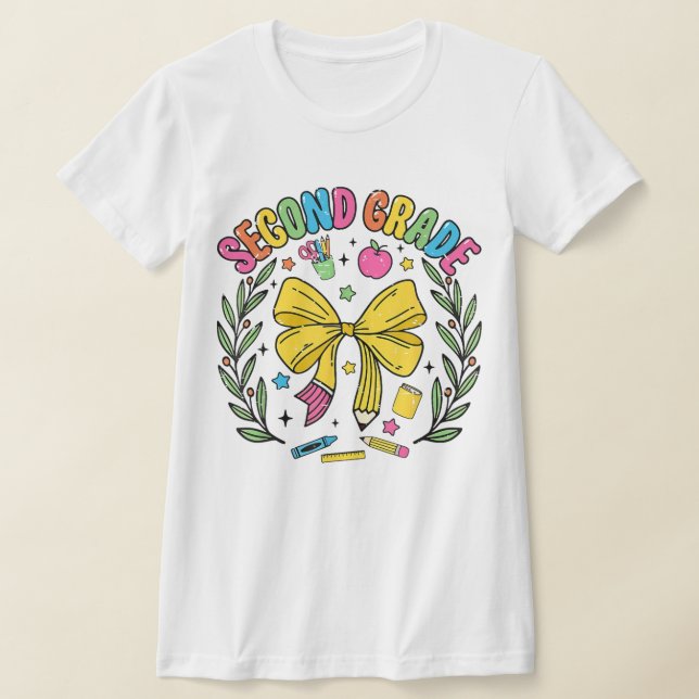 2nd Grade Teacher Pencil Coquette Bow T Shirt (Laydown)
