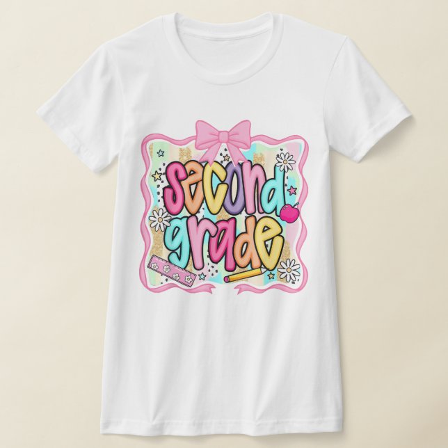 2nd Grade Teacher Pencil Coquette Bow T Shirt (Laydown)