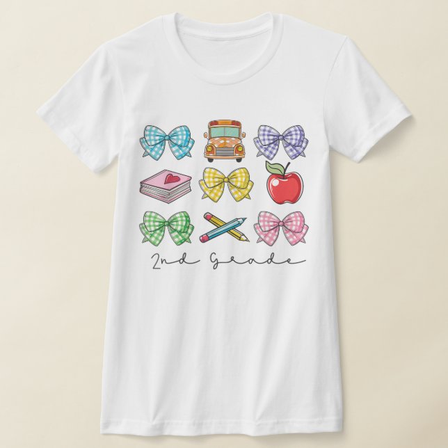 2nd Grade Teacher Pencil Coquette Bow T Shirt (Laydown)