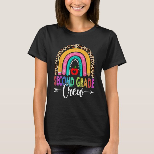 2nd Second Grade Crew Rainbow Leopard Teacher Back T Shirt (Framsida)