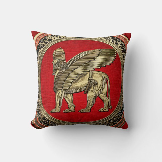 [300] Assyriansk vind Lejon - Guld Lamassu Kudde (Framsida)