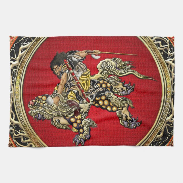 [300] Hokusai - Shoki Riding Shishi Lejon Kökshandduk (Horisontell)