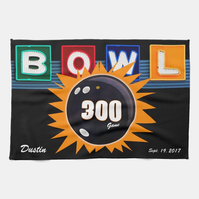 300 Orange för spel och svart med Neon BOWL-tecken Kökshandduk (Horisontell)