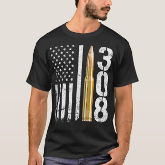 308 Gun Ammo Bullet 308 Caliber Rifle USA flagga T Shirt