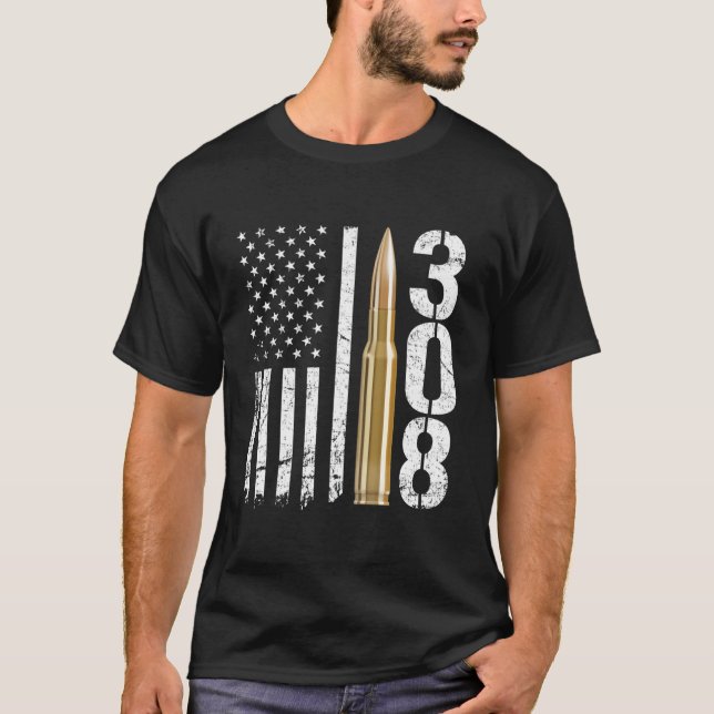 308 Gun Ammo Bullet 308 Caliber Rifle USA flagga T Shirt (Framsida)
