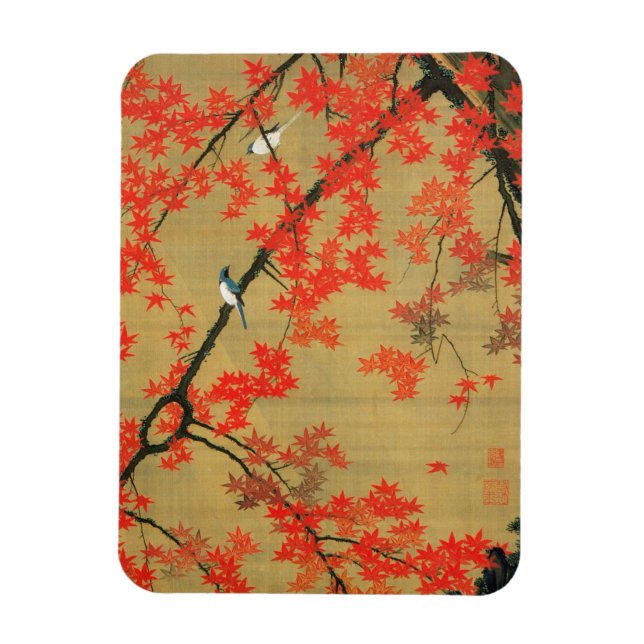 30. 紅 葉 小 禽 図, 若 Maple & Small Birds, Jakuchū Magnet (Vertikal)