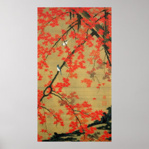 30. 紅 葉 小 禽 図, 若 Maple & Small Birds, Jakuchū Poster