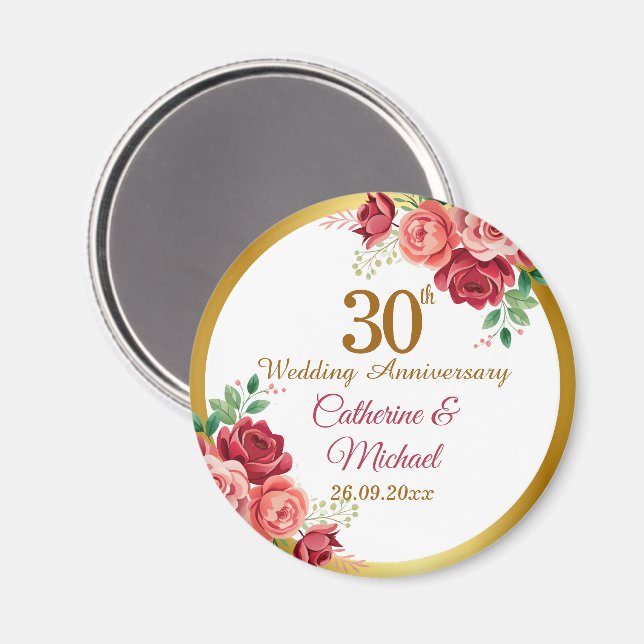 30-års bröllopsdag Guld ram Blommig Magnet (Front/Back)