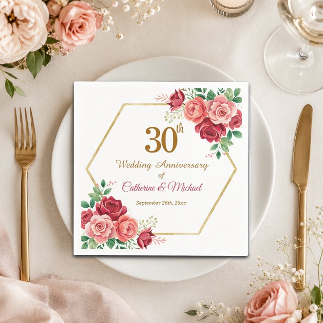 30-års bröllopsdag Guld ram Blommig Pappersservett (Skapare uppladdad)
