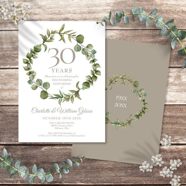 30-års bröllopsdag pärl grönskande krans inbjudningar (30th Wedding Anniversary Pearl Greenery Garland Invitation)