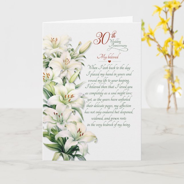30-års bröllopsdag Romantiska vita liljor Kort (Gul blomma)