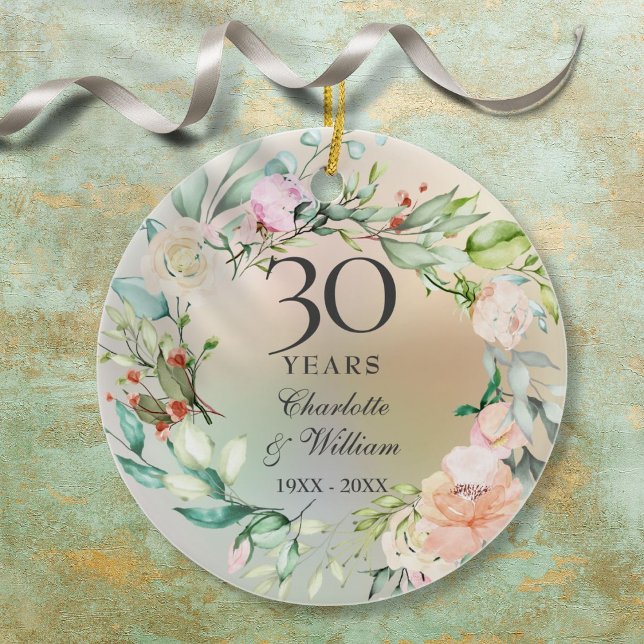 30-års bröllopsdag Rosor Garland Pärl Julgransprydnad Keramik (30th Wedding Anniversary Roses Garland Pearl Ceramic Ornament)