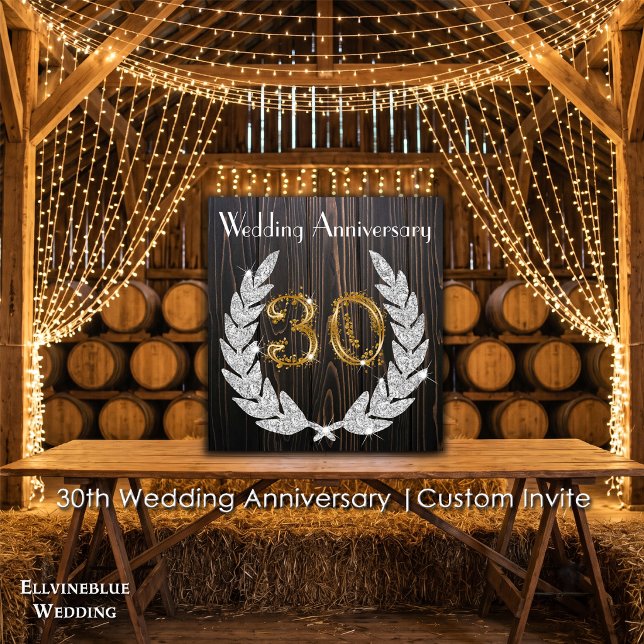 30-års bröllopsdag | Rustik trä & Guld Inbjudningar (30th Wedding Anniversary Invite | Rustic Wood & Diamond Laurel. Size: 5.25” x 5.25”)