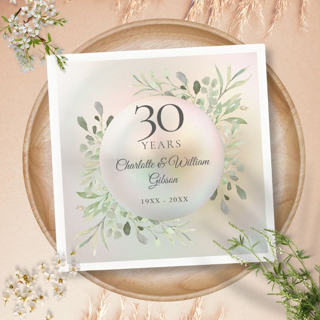 30-års bröllopsdag Vattenfärg Grönska Pärl Pappersservett (30th Wedding Anniversary Watercolor Greenery Pearl Napkins)