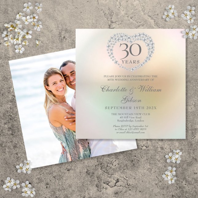 30-års bröllopsfirande Foto Runt Pärlhjärta Inbjudningar (30th Wedding Anniversary Photo Square Pearl Heart Invitation)