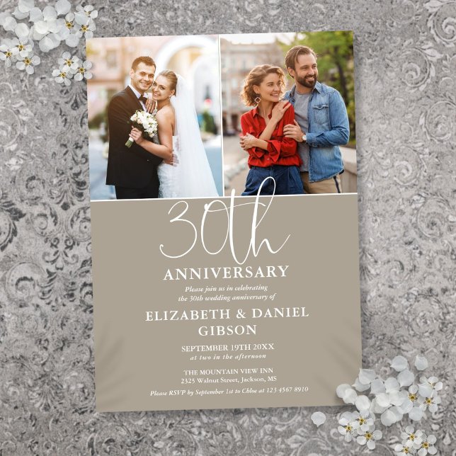 30-års bröllopsjubileum då och nu 2 foto inbjudningar (30th Wedding Anniversary Then And Now 2 Photo Invitation)