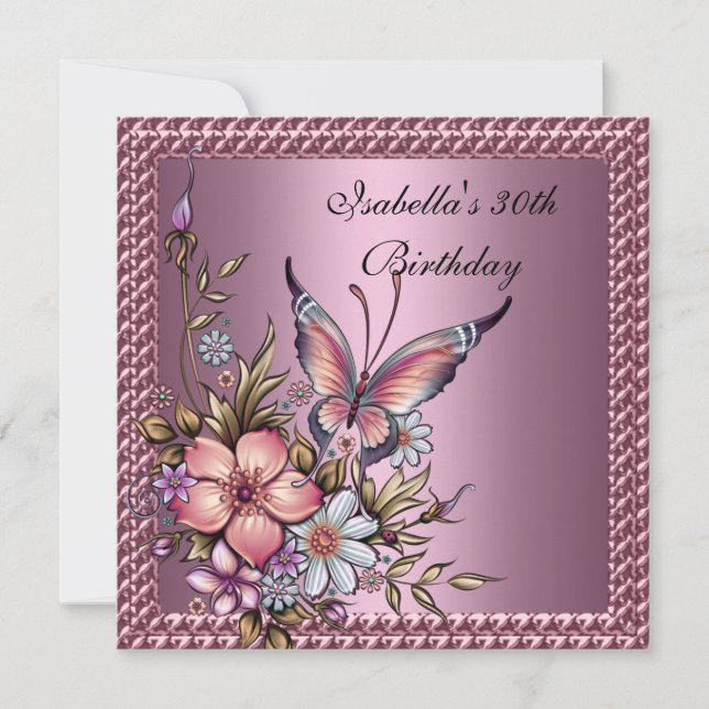 30-års födelsedag Elegant blomster fjäril Rosa Inbjudningar (Framsida)