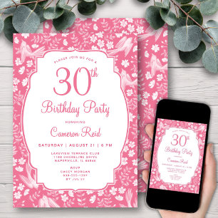 30-års födelsedag Elegant Rosa Blommig Feminim Fåg Inbjudningar