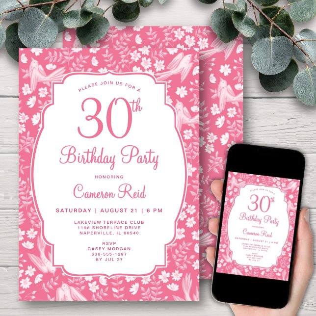 30-års födelsedag Elegant Rosa Blommig Feminim Fåg Inbjudningar (Skapare uppladdad)