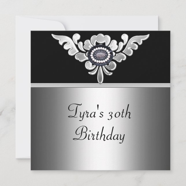 30-års födelsedag Elegant Svart Silver Vitt Smycke Inbjudningar (Framsida)