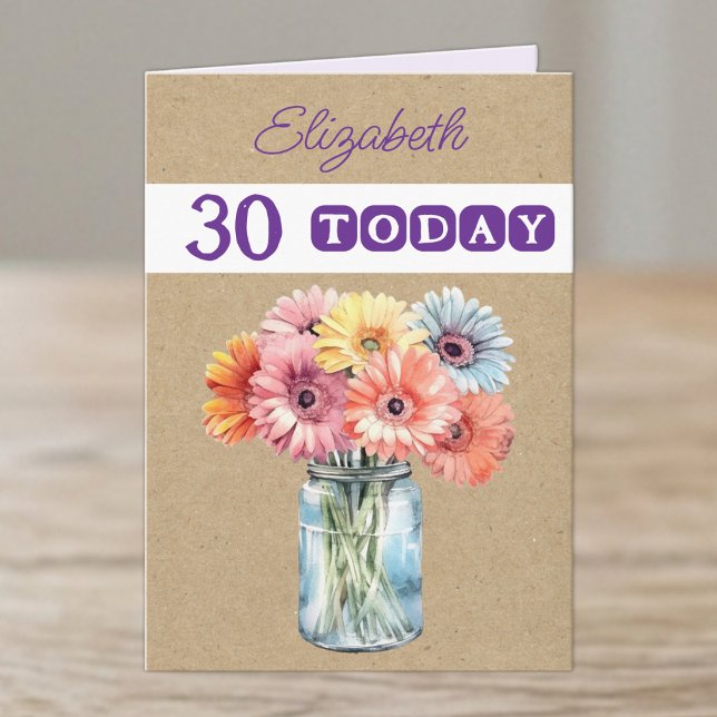 30-års födelsedag gerbera blommor lila kort (Skapare uppladdad)