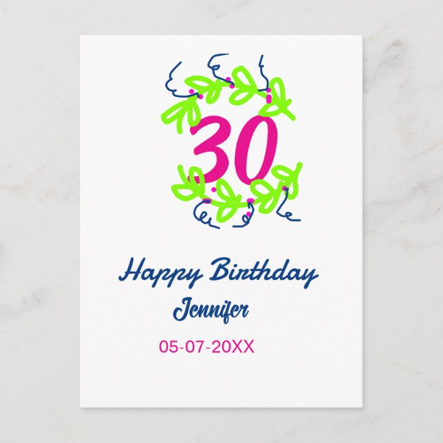 30-års födelsedag grön blå krans namn datum rustik vykort (Framsida)
