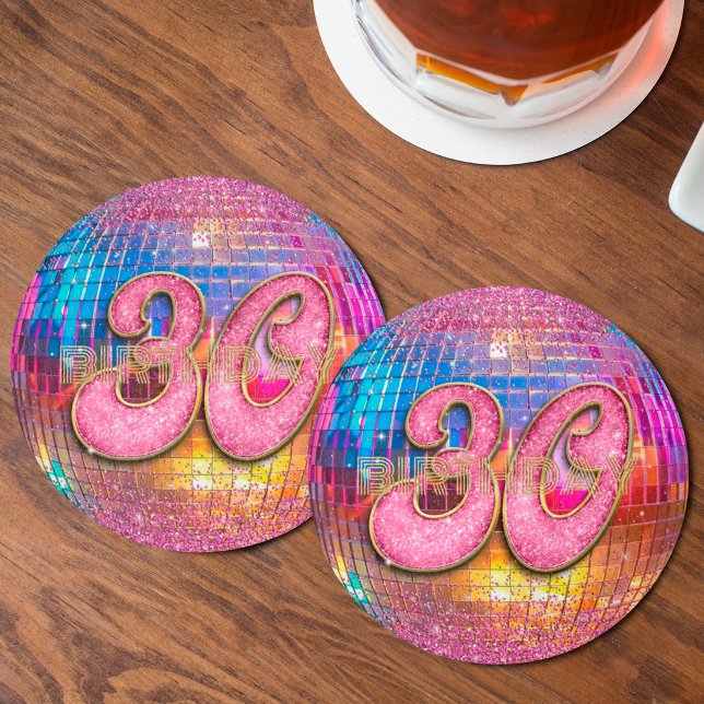 30-års födelsedag Guld Rosa Glitter Dans Disco Bol Underlägg Papper Rund (Skapare uppladdad)
