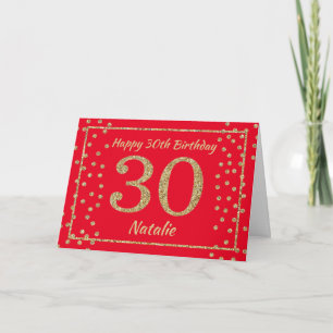 30-års födelsedag Röd och guld glitterkonfettikort Kort