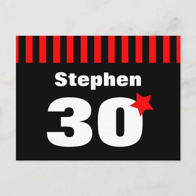 30-års födelsedag Röd Svarta Ränder och Stjärna R1 Meddelande Vykort (Framsida)