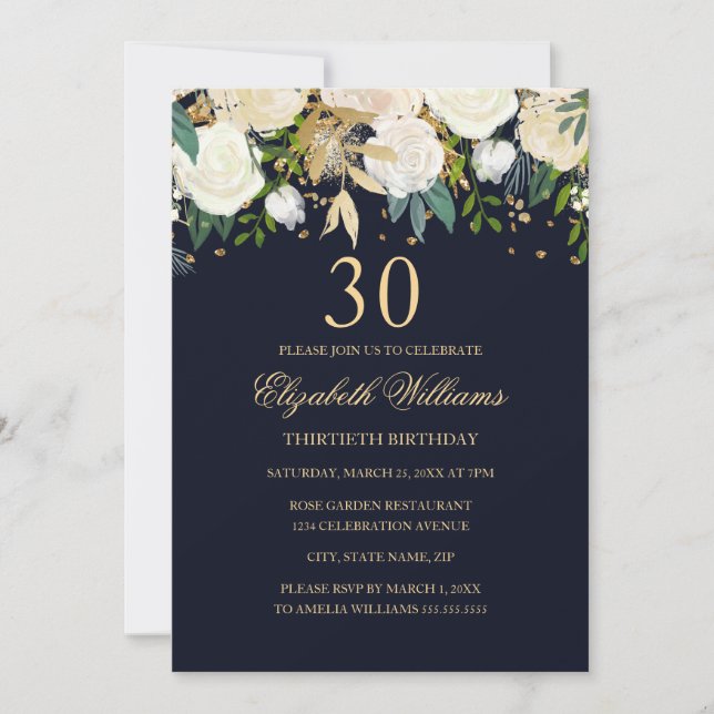 30-års födelsedags elegant marin guld blommig inbj inbjudningar (Framsida)