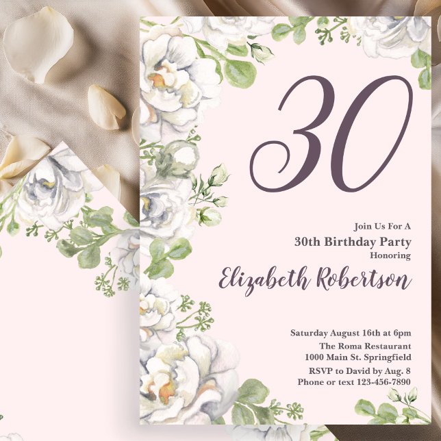 30-års födelsedagsinbjudan Blush Rosa Blommor Peon Inbjudningar (Skapare uppladdad)