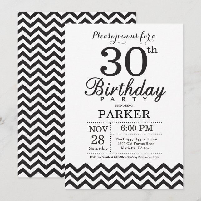 30-års födelsedagsinbjudan svart och vit Chevron Inbjudningar (Fram/baksida)