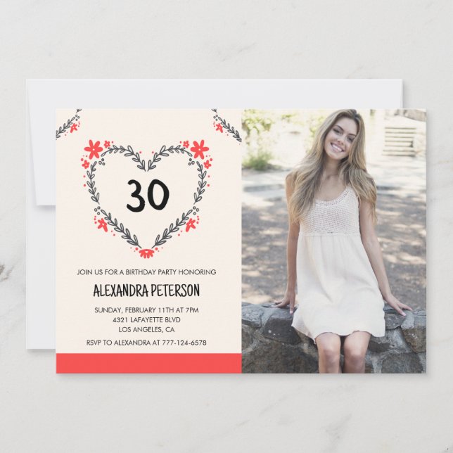 30-års födelsedagsinbjudningar blommig hjärta inbjudningar (Framsida)