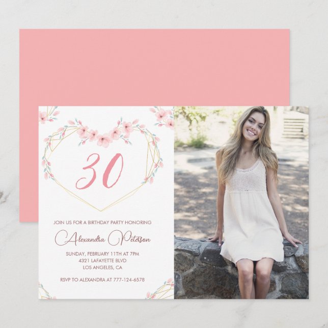 30-års födelsedagsinbjudningar Boho Blommig Foto Inbjudningar (Fram/baksida)