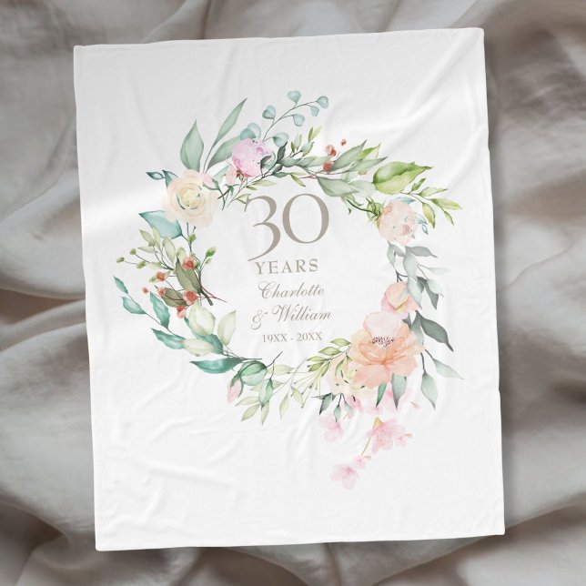 30-års pärlbröllops blommiga krans fleecefilt (30th Pearl Wedding Anniversary Floral Garland Fleece Blanket)