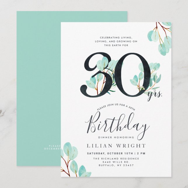 30 års tillväxt | 30års födelsedag | Eucalyptus Inbjudningar (Fram/baksida)