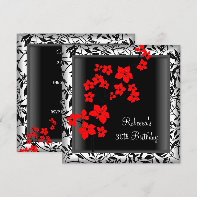30-årsdag Eleganta asiatiska röda blommor Vita Inbjudningar (Fram/baksida)