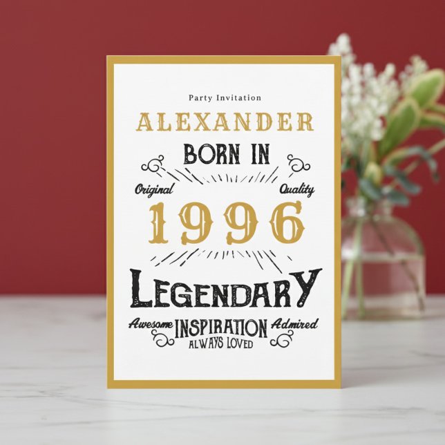 30-årsdag Född 1996 Vit Guld Legend Inbjudningar (Born 1996 birthday invitation.)