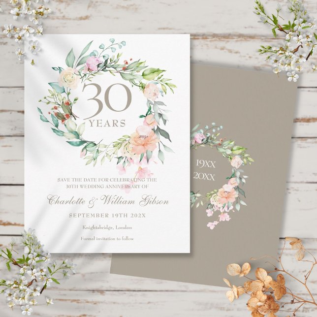 30-årsdagen Spara datum Ro Garland Vykort (30th Anniversary Save the Date Roses Garland Postcard)