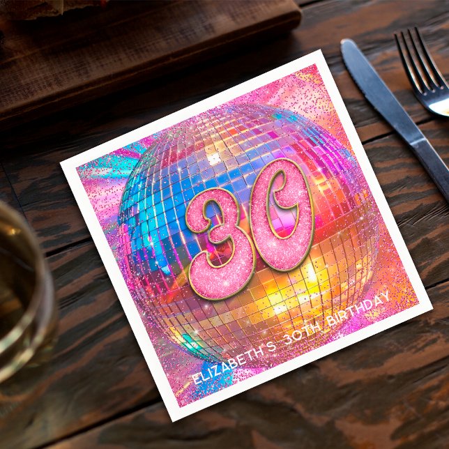 30-årsfest Guld Rosa Glitter Diskoboll Pappersservett (Skapare uppladdad)