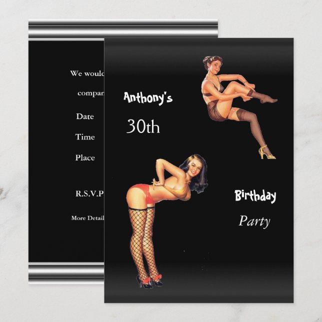 30-årsfest Pin-up tjejer Inbjudningar (Fram/baksida)