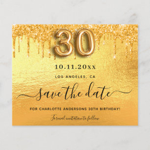30-årsfirande guld glitter budget save the date flygblad