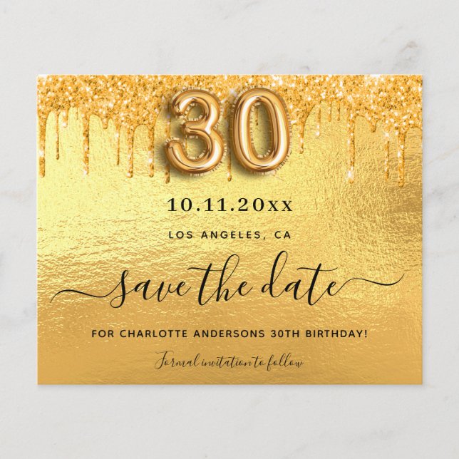 30-årsfirande guld glitter budget save the date flygblad (Framsidan)
