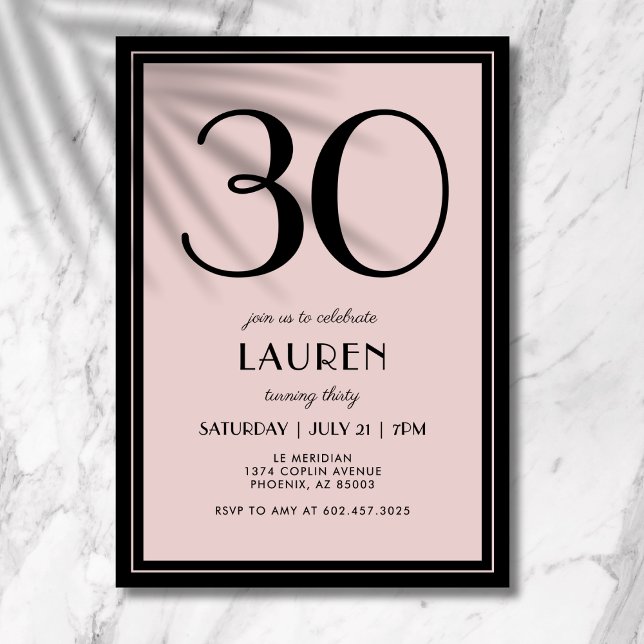 30-årsfirande Modern Minimalistisk Svart Rosa Inbjudningar (A chic black and pink invitation that blends modern minimal design with elegance.)