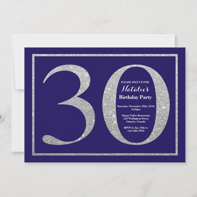 30-årsfirande Navy Blue och Silver Glitter Inbjudningar (Framsida)